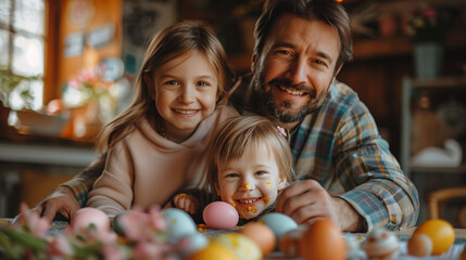 Fototapeta premium Dad with children with easter eggs in the kitchen, smiling kids with easter eggs ready for painting eggs, happy smiling family