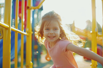 little girl playing in the playground outdoor. Kids play on school or kindergarten yard