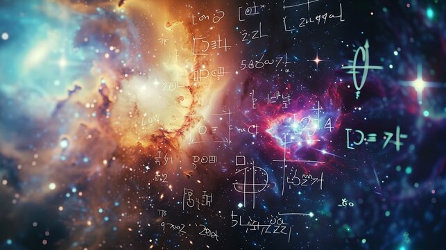 Mathematical and physical formulas against the background of a galaxy in universe Space Background on the theme of science and education Elements of this image  : Generative AI