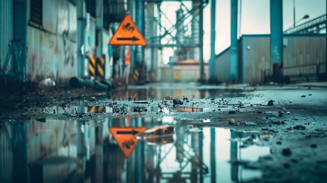 An old abandoned industrial area. Factory buildings or factories. Puddles and road signs. : Generative AI