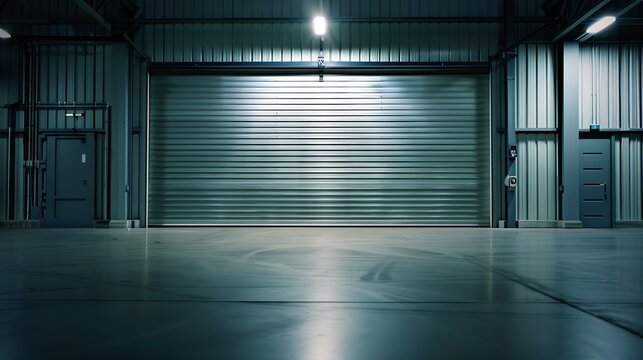 Roller door or roller shutter using for factory, warehouse or hangar. Industrial building interior consist of polished concrete floor and closed door for product display or industry ba : Generative AI