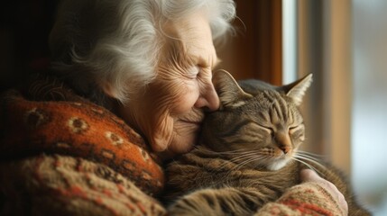 A harmonious retirement duo as a content kitty rests comfortably on the lap of an adoring elderly woman.