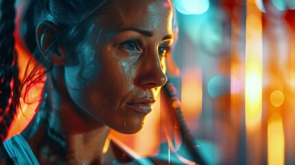 Vibrant side profile of a woman lit by dynamic and colorful neon lights with blurred effect - obrazy, fototapety, plakaty