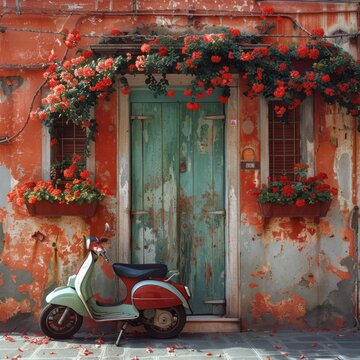 A red   scooter in an alley of a typical Italian village, next to an old door.