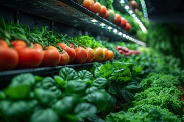 Vegetables are growing in indoor farm(vertical farm). Plants on vertical farms grow with led lights. Vertical farming is sustainable agriculture for future food.