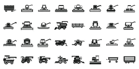 Combine harvester icons set simple vector. Farm agriculture. Summer rural machinery