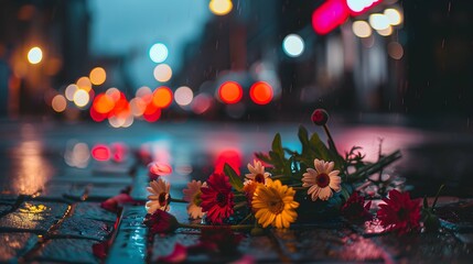 flowers on the ground, blurred city view