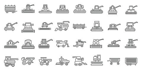 Combine harvester icons set outline vector. Farm agriculture. Summer rural machinery