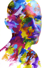 An abstract, colorful paintography double exposure male portrait - 740500712