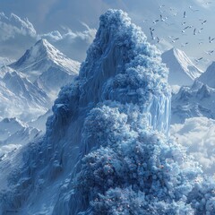 Ice on a mountain peak shaping into hemoglobin molecules with eagles soaring above their flight paths weaving through the molecular structures