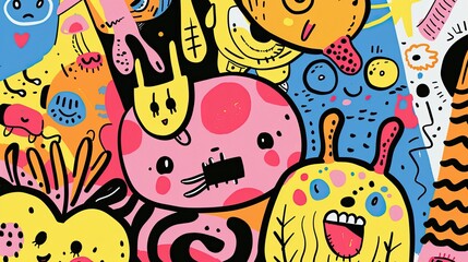 kawaii factory, charming character illustration, expressive mark-making technique, folk-art inspired drawing, minimalist, flat color, limited color palette