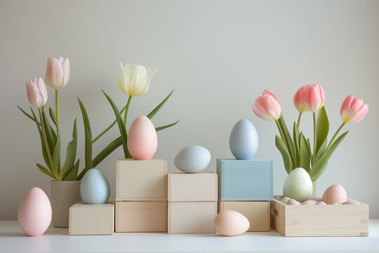 composition Easter eggs painted pastel colors, gift boxes and bouquets of pink and white tulips