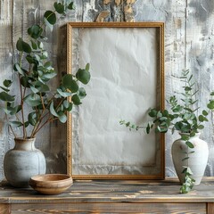 Empty wooden frame mockup on beige background. Wooden wall artistic scandinavian interior. Art concept