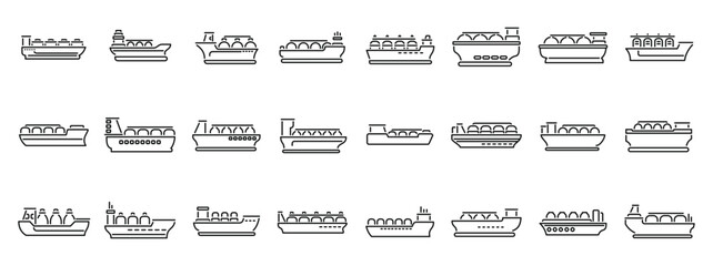 Gas carrier ship icons set outline vector. Energy terminal port. Marine boat industry - obrazy, fototapety, plakaty