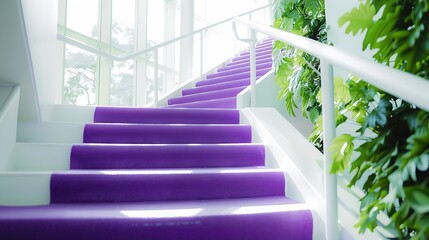 Interior spirat staircase indoors with purple carpet and white painted handrails inside building in...