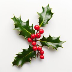 Fresh holly leaves with red berries on white background.