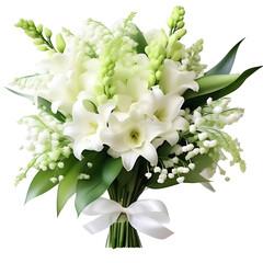 Spring bouquet of lily of the valley flowers, green leaves, and lily flowers tied with white ribbon. The image is isolated on a white background. For Mother's Day cards, birthday cards, wedding invita