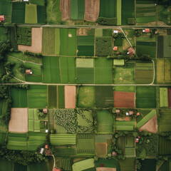 Aerial view of countryside roads, farms and houses