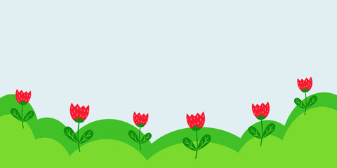 Spring season landscape with tulips. Spring vector banner. Spring sale header or voucher template.