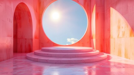Modern pink and red podium with geometric shapes and sunny sky.