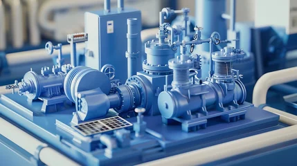 Deurstickers 3d rendering of water pump station on rooftop factory. Include centrifugal pump, electric motor, pipeline, valve, solar panel and control box. Machine in industrial work for distributi : Generative AI © Generative AI