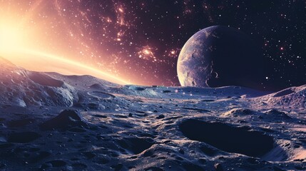Lunar landscape with distant planet, evoking space exploration.