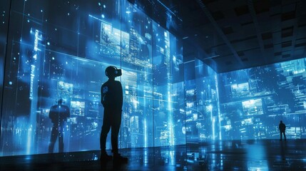 Silhouette of a person in VR headset looking at futuristic data screens