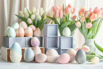 Fototapeta premium composition Easter eggs painted pastel colors, gift boxes and bouquets of pink and white tulips