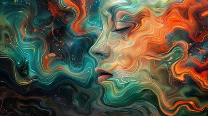 Fototapeta premium Digital artwork of a human face blended into a cosmic tapestry of vibrant swirls, representing a fusion of space and consciousness.