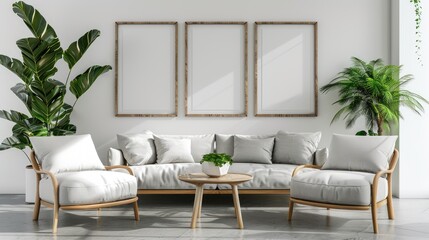 Home interior poster mock up with square frame on white wall background - obrazy, fototapety, plakaty