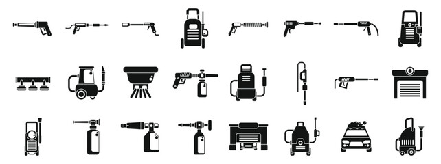 High pressure washer icons set simple vector. Car wash foam. Water soap cleaning - obrazy, fototapety, plakaty