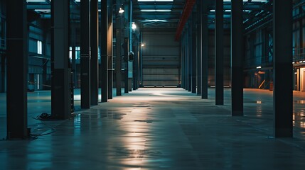 Clean and empty industrial hall in detail for supporting poles : Generative AI