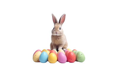 Fototapeta na wymiar A rabbit balancing on a stack of eggs, showcasing its ability to delicately rest atop the fragile objects. Isolated on a Transparent Background PNG.