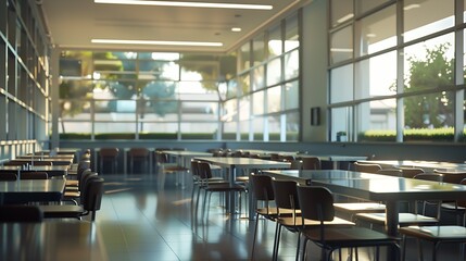 empty staff canteen with large window : Generative AI - obrazy, fototapety, plakaty