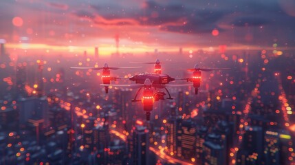 Fototapeta premium Low poly pancreas linked to an insulin management drone hovering in a futuristic cityscape at dusk casting soft neon lights