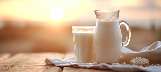banner of bottle and glass of milk on the wooden table the sunset background