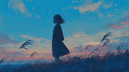 lonely, girl, cloudy, dawn, evening, blue tone
