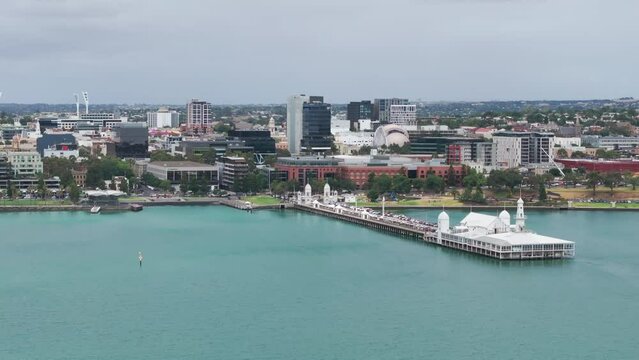 AERIAL Orbital Of Cunningham Pier and Geelong Cityscape, Australia