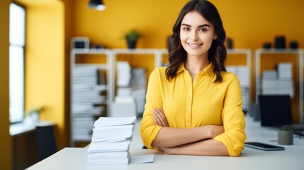 Fototapeta premium A young beautiful pretty woman wearing a yellow shirt with her arms crossed looks at the camera in the office. Business, Office worker, Startup, Concept Designer.