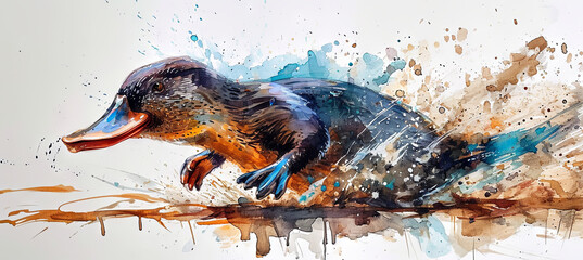 A semi-aquatic, egg-laying mammal depicted through a watercolor illustration, featuring the unique duck-billed platypus