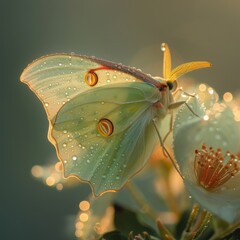 Morning dew on a luna moths antennae each droplet a lens to a dreamy moonlit fairy dance - obrazy, fototapety, plakaty