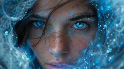 Mystic in a hood face a swirling vortex submerged in an underwater realm of glowing coral cities