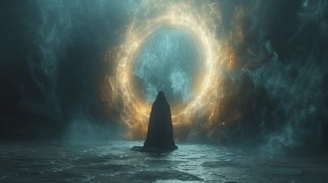 Mysterious cloaked figure standing before a cosmic mirror reflecting parallel universes