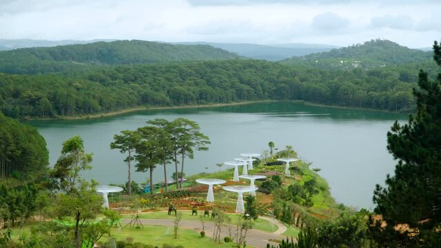 Aerial view on Lavenderdalat Park by Tuyen Lam Lake And Surrounding Wild Pine Forest - zoom in