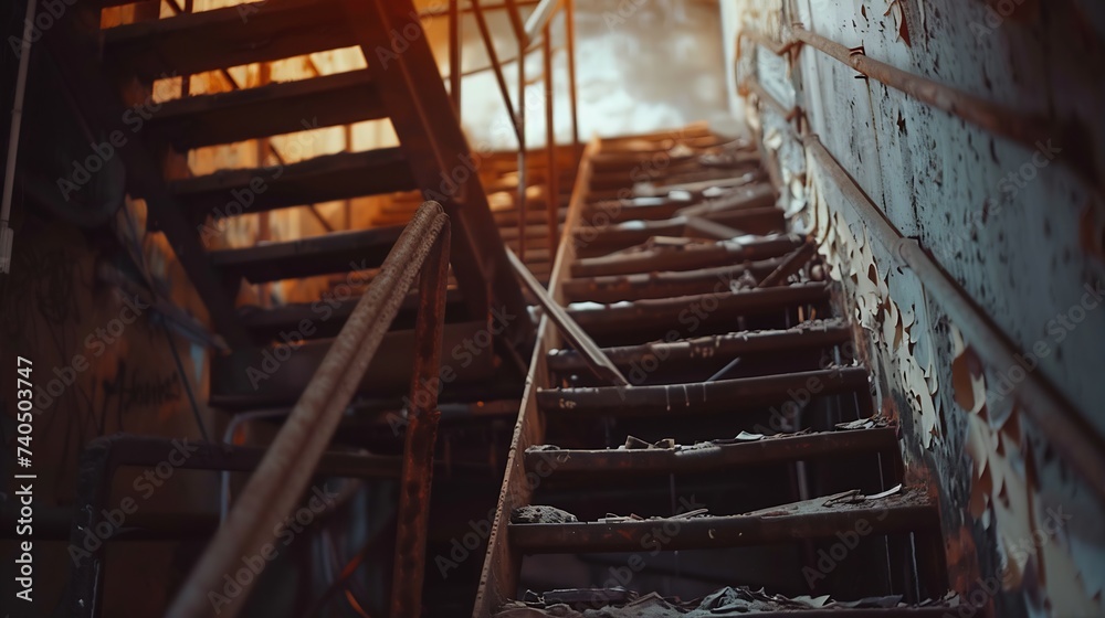 Aufkleber Old staircase in an abandoned factory and tracks : Generative AI