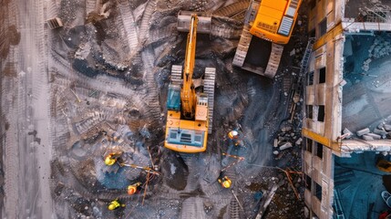 Construction site, workers digging with equipment, top view