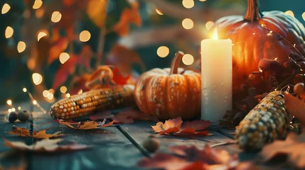 Foto auf Acrylglas Happy Thanksgiving Day background wooden table decorated with Pumpkins Corncob Candles and autumn leaves garland Beautiful Holiday Autumn festival concept scene Fall Harvest : Generative AI © Generative AI