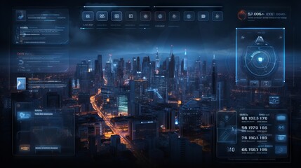 Dynamic hud business interface illuminates night cityscape

