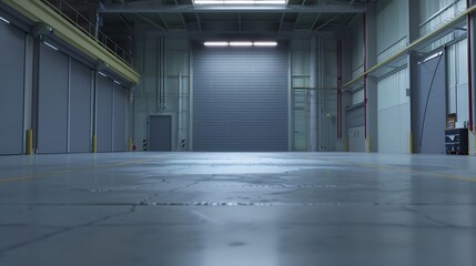 interior of empty and new warehouse with doors, grey newly painted floor : Generative AI