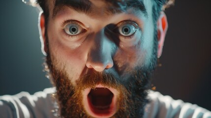 Close up shot of emotive shocked bearded young male opens mouth widely stare at camera points upwards aside at blank space says Wow its something unbelievable People and emotions conce : Generative AI